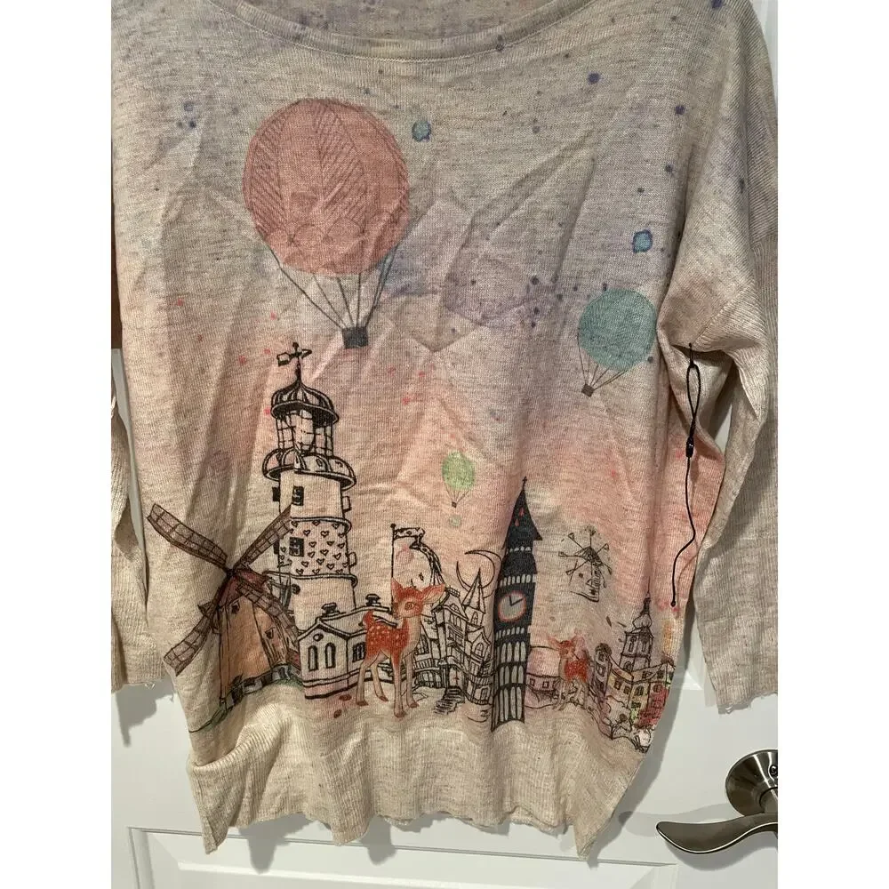 Whimsical hot air balloon clock town deer cotton pullover 3/4 sleeves one size